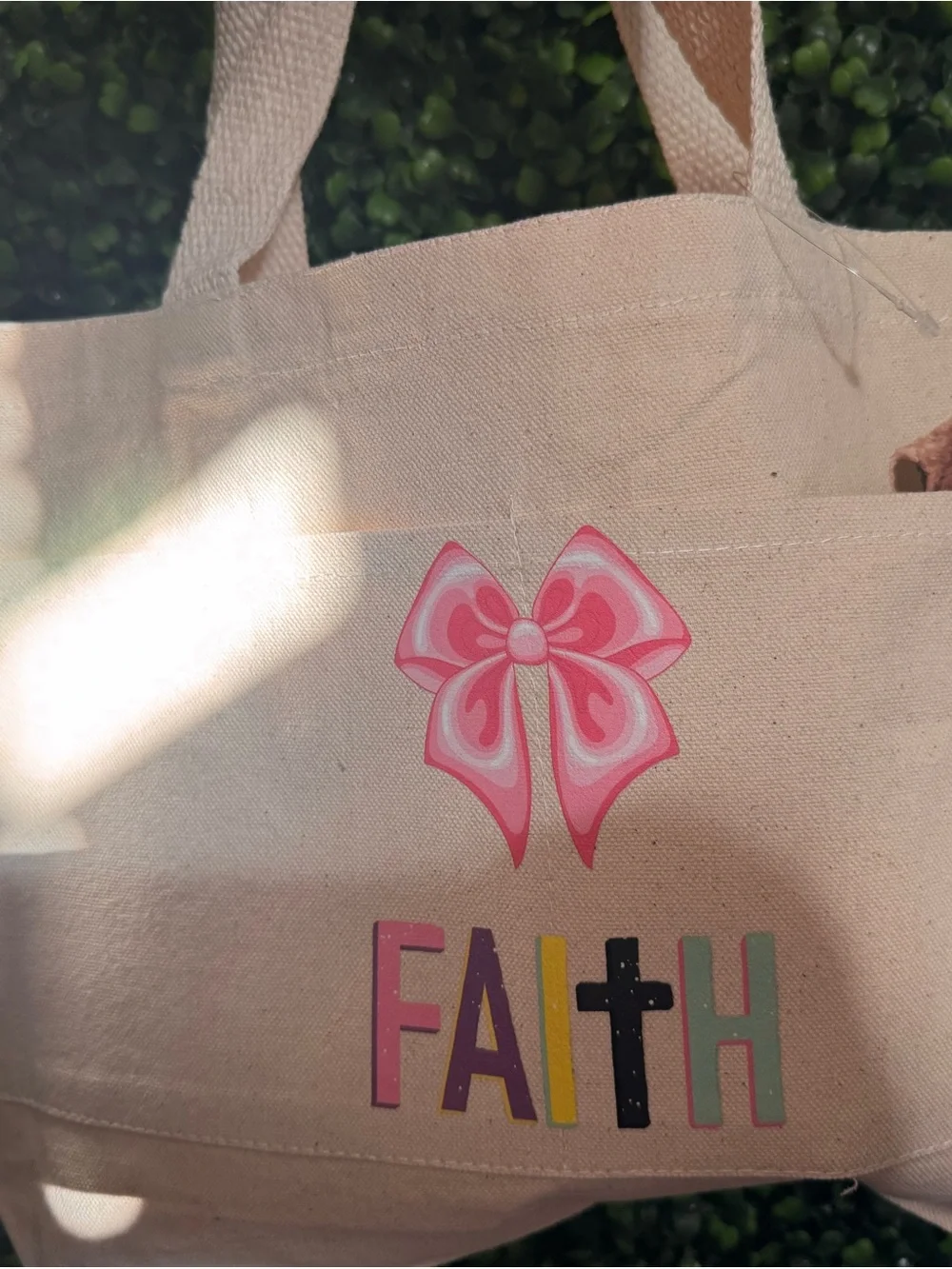 Kids Canvas Tote Bag with Pink Bow and Multicolor FAITH Print